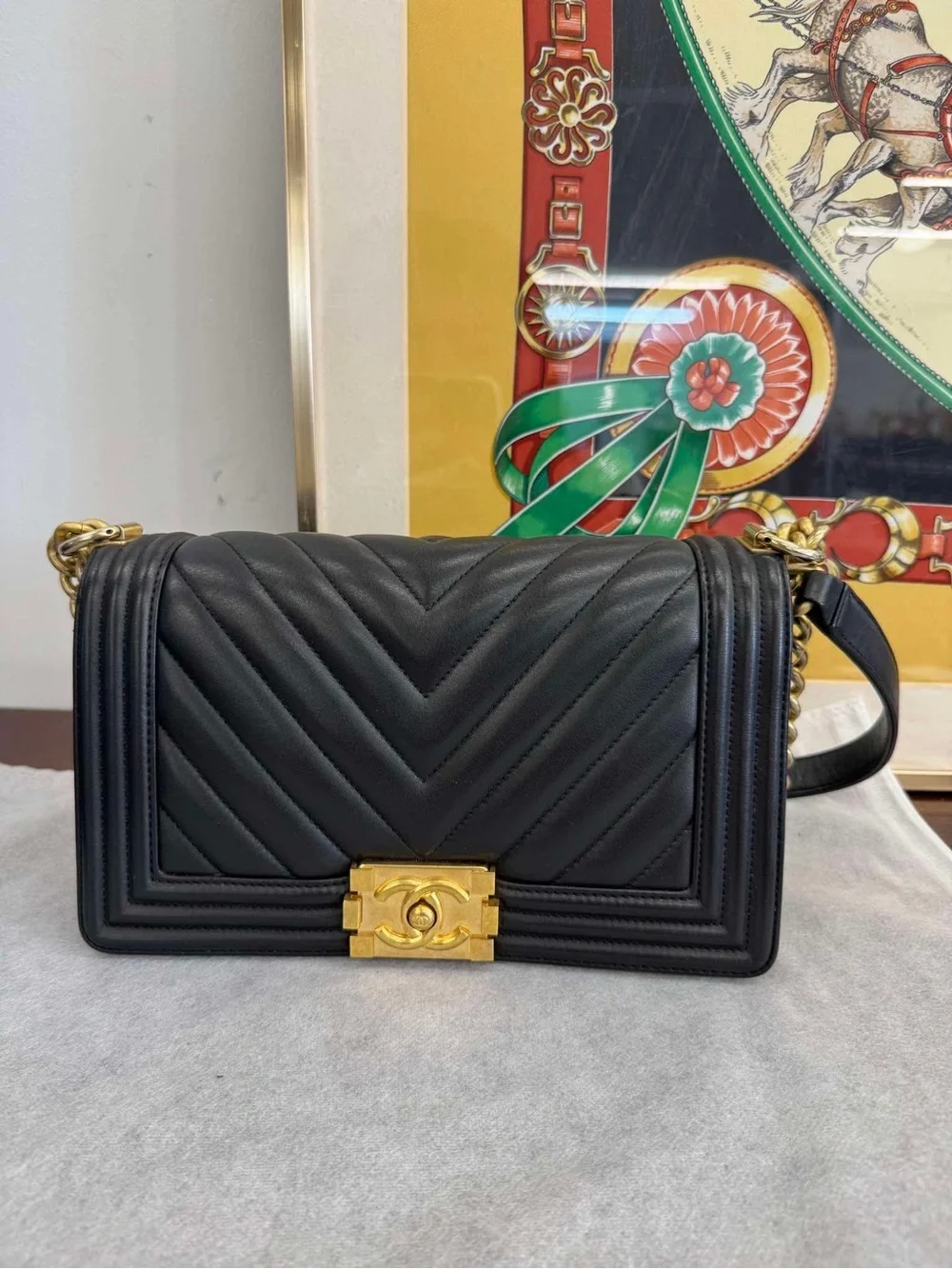 CHANEL Black Chevron Lambskin LeBoy Shoulder Bag with Gold Hardware